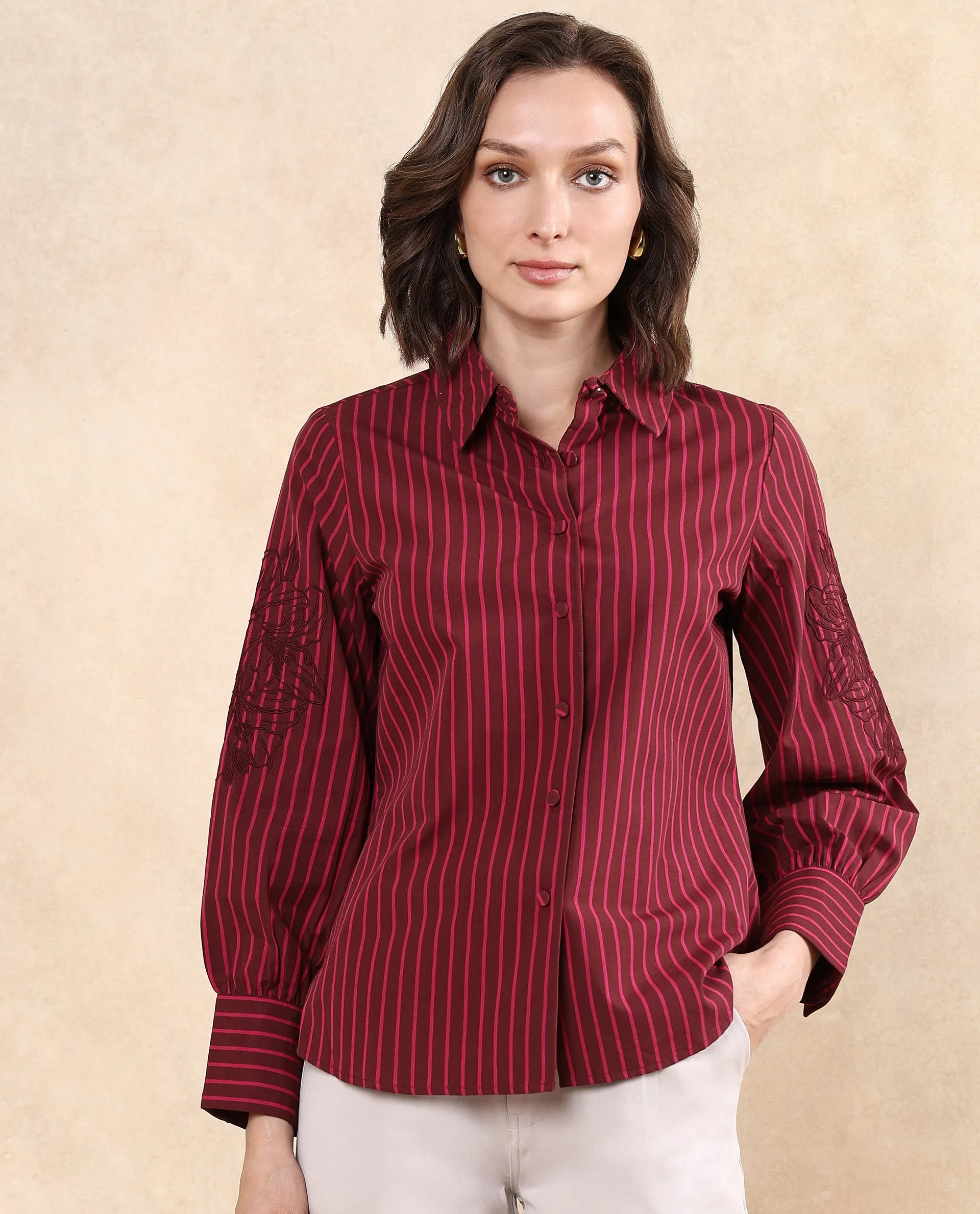 Rareism Women Jolvo Maroon Cotton Fabric Bishop Sleeve Collared Neck Button Closure Narrow Stripes Shirt