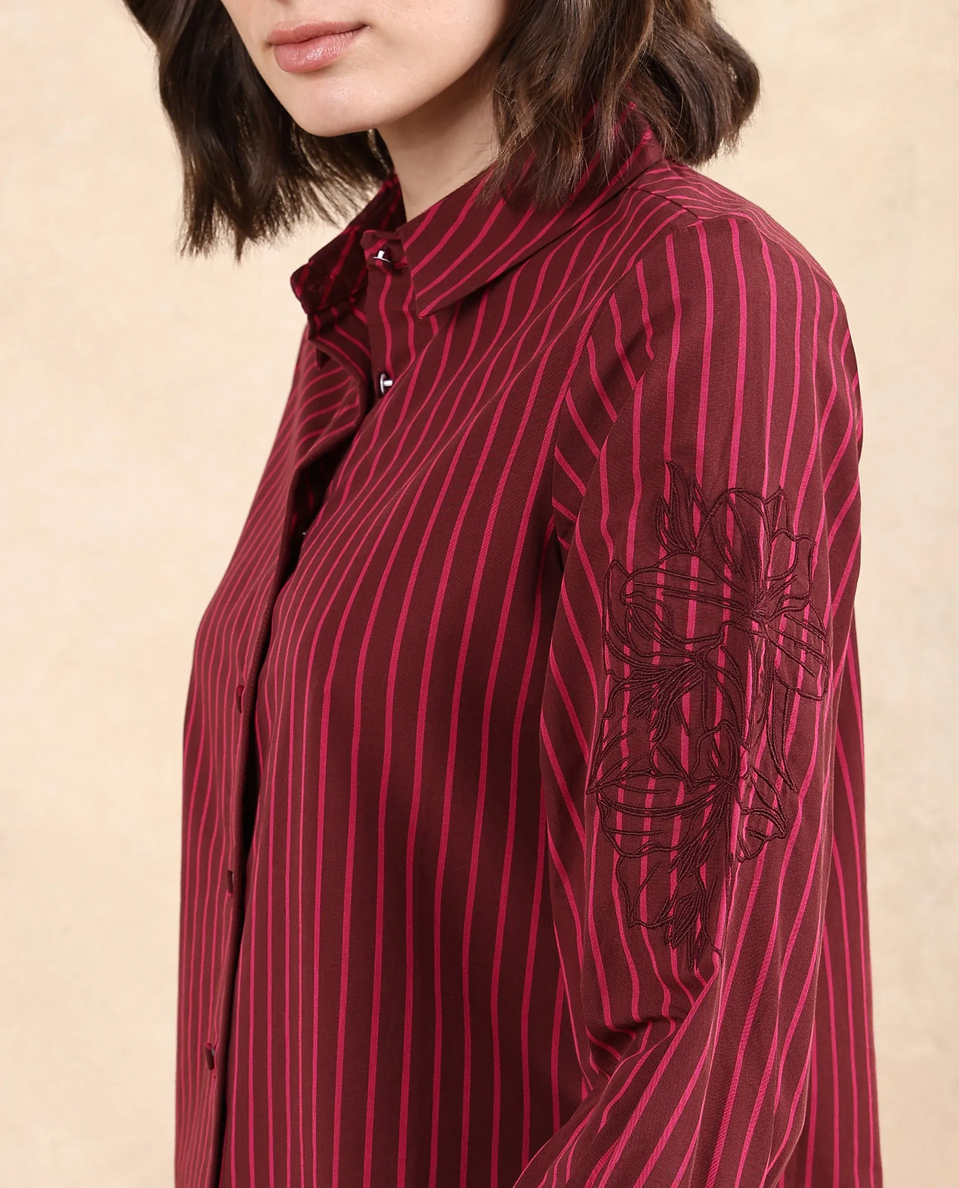 Rareism Women Jolvo Maroon Cotton Fabric Bishop Sleeve Collared Neck Button Closure Narrow Stripes Shirt