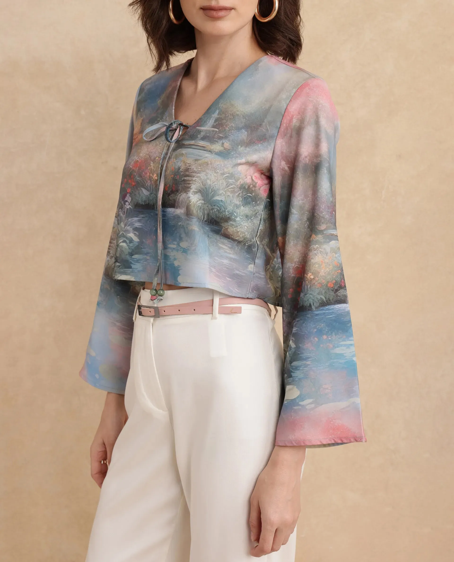 Rareism Women Toulon Multi Satin Bell Sleeves V-Neck Cropped Abstract Print Top