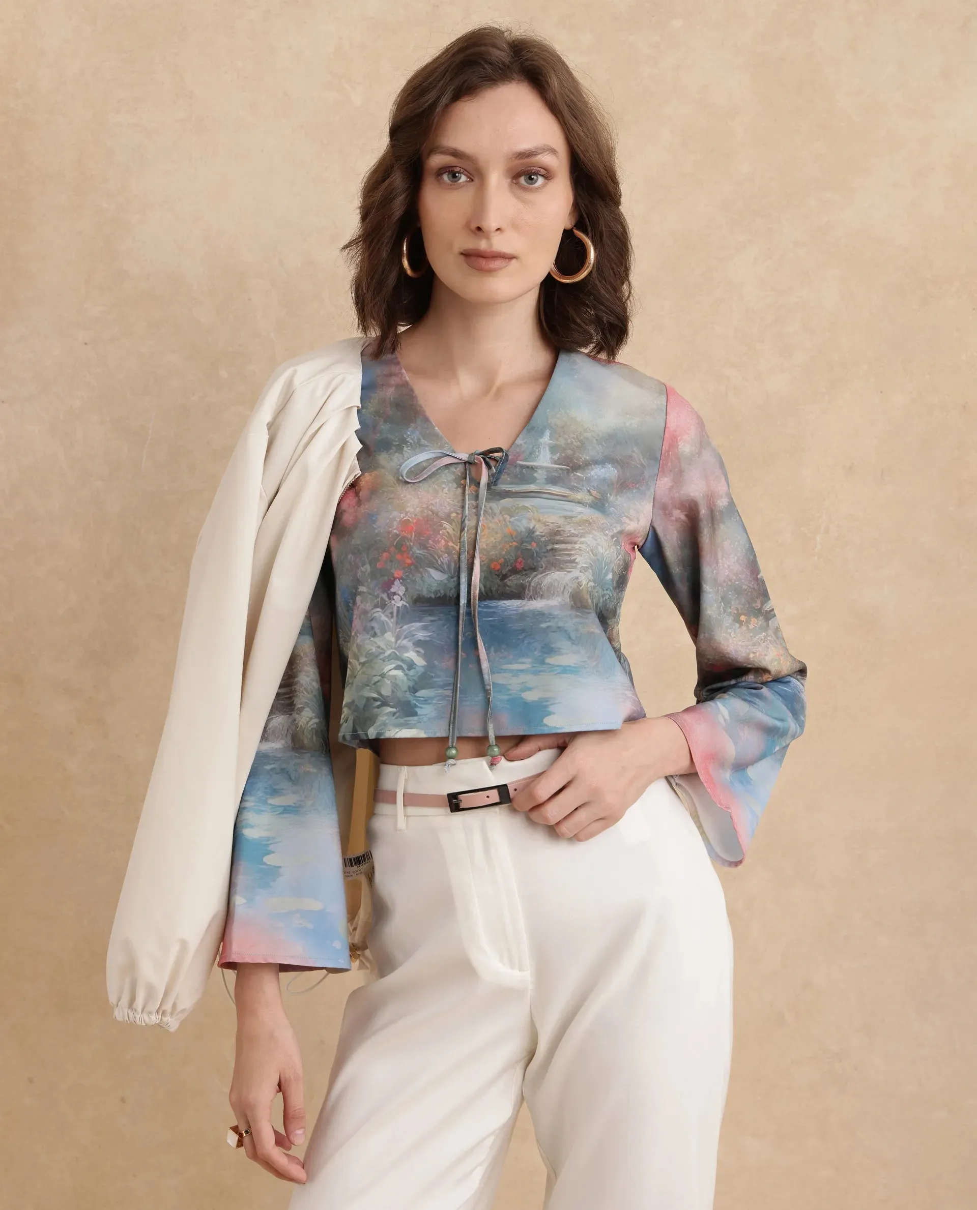 Rareism Women Toulon Multi Satin Bell Sleeves V-Neck Cropped Abstract Print Top