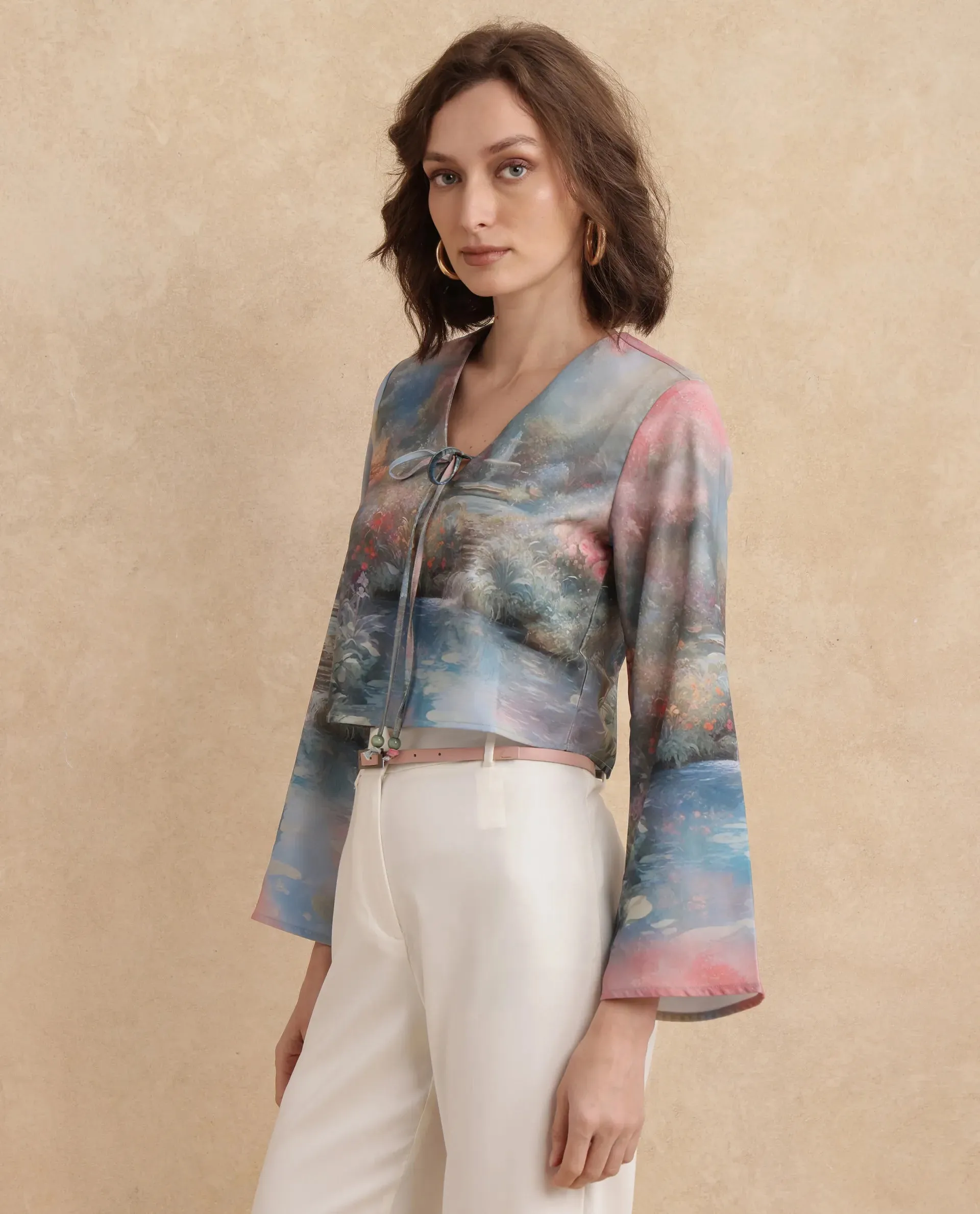 Rareism Women Toulon Multi Satin Bell Sleeves V-Neck Cropped Abstract Print Top