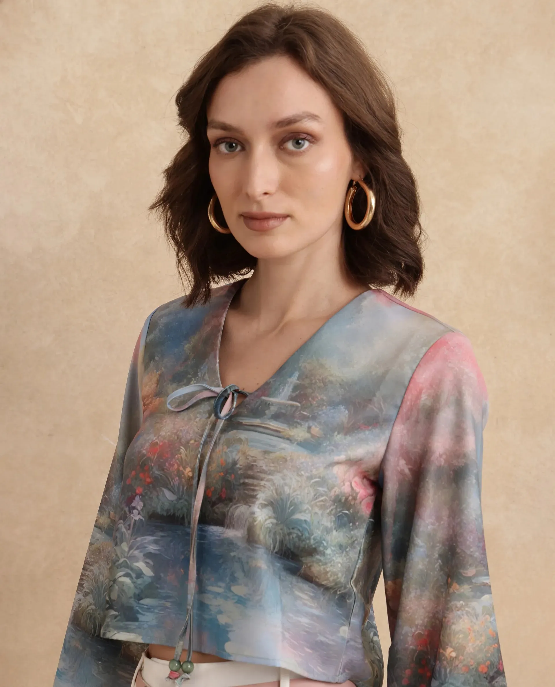 Rareism Women Toulon Multi Satin Bell Sleeves V-Neck Cropped Abstract Print Top