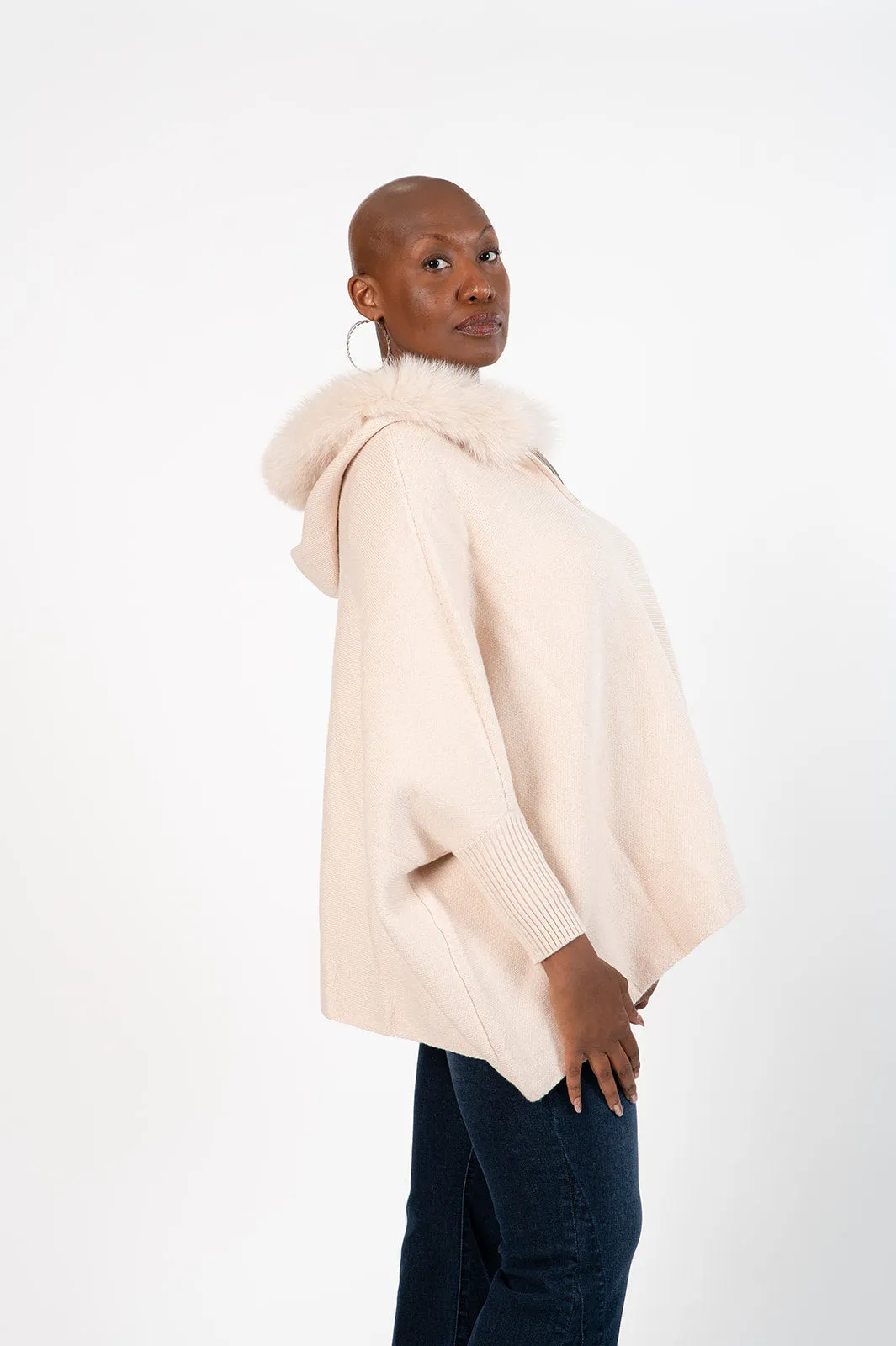 Rippe's Furs Zip Front Sweater with Fox Fur Trimmed Hood - Pearl