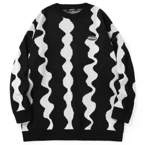 Squiggly Jacquard Crew Neck Loose Sweater