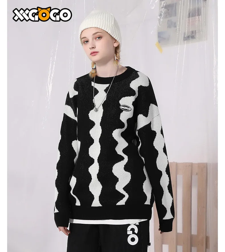 Squiggly Jacquard Crew Neck Loose Sweater