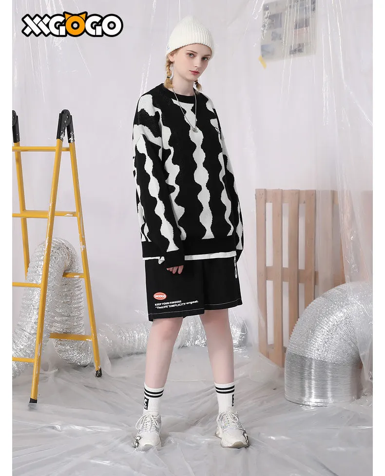 Squiggly Jacquard Crew Neck Loose Sweater