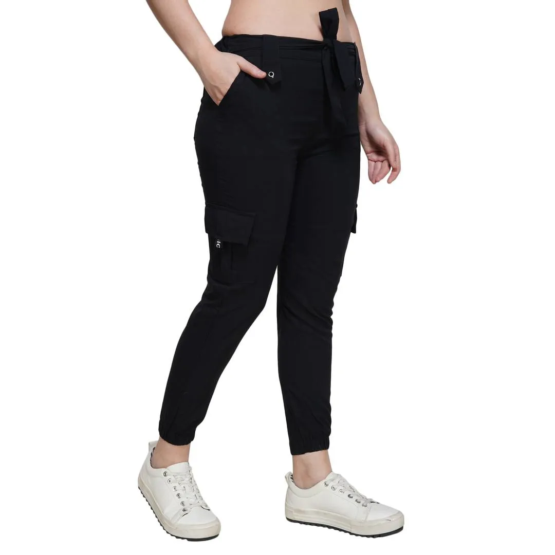 Stylish Cotton Spandex Black Slim Fit Cargo Jogger For Women