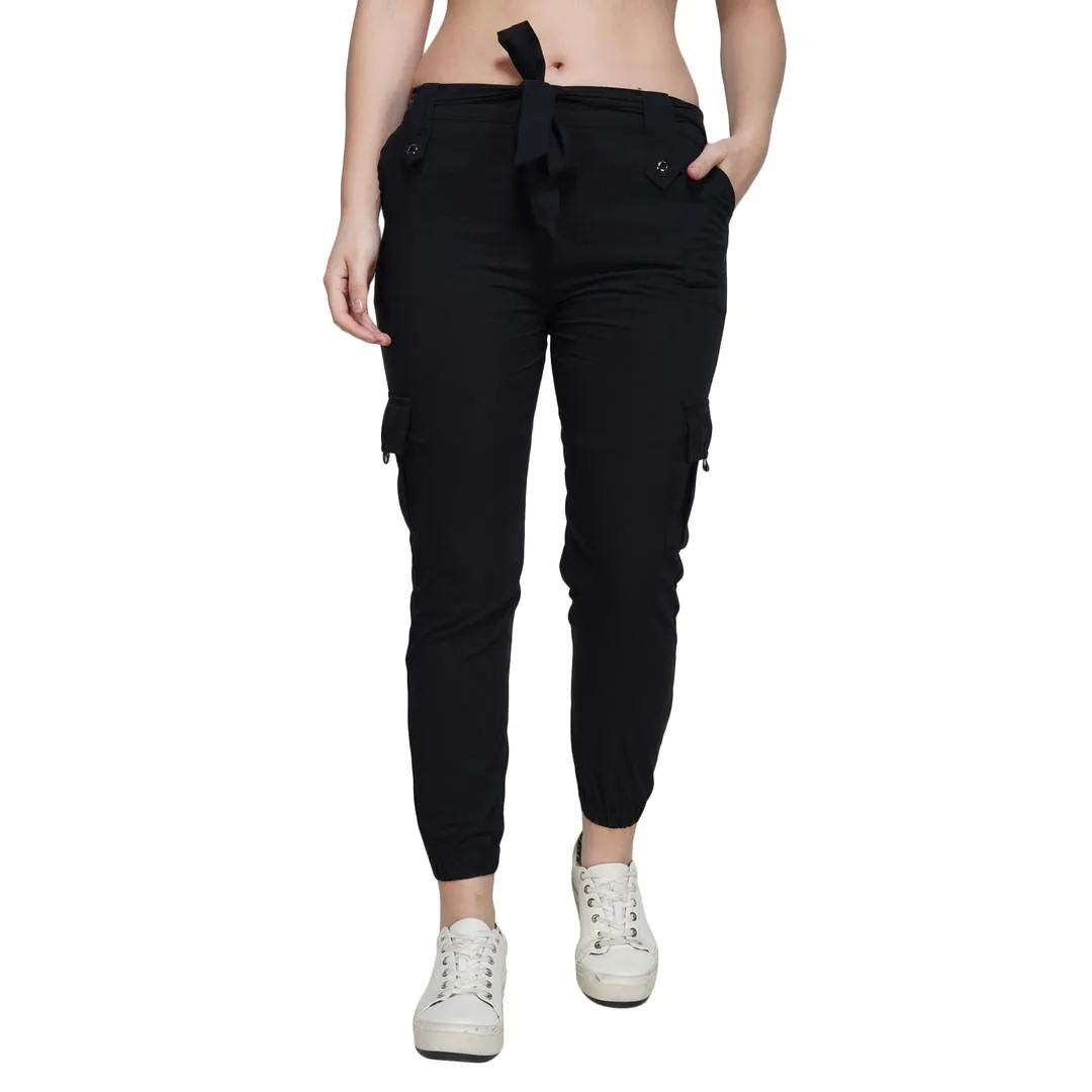 Stylish Cotton Spandex Black Slim Fit Cargo Jogger For Women