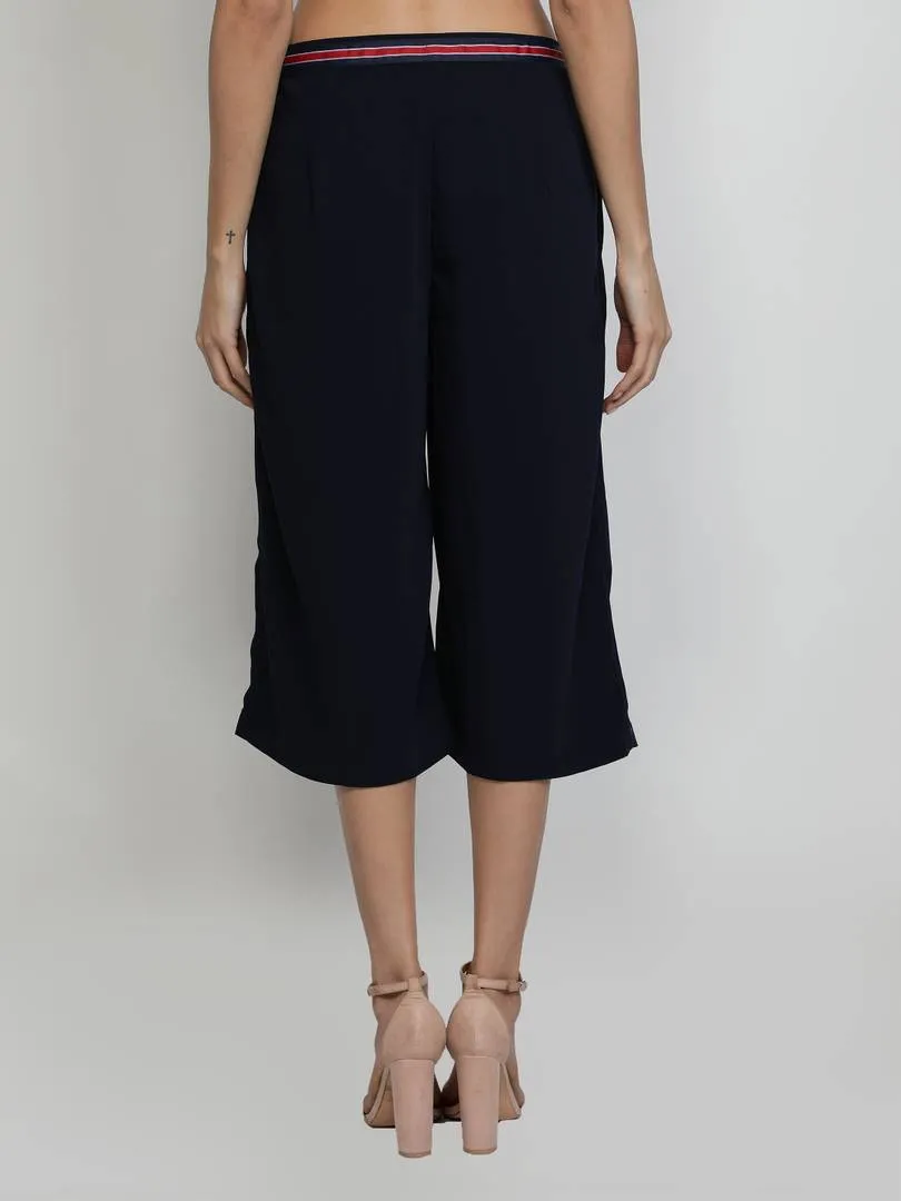 Stylish Polyester Navy Blue Solid Mid-Calf Length Culottes For Women