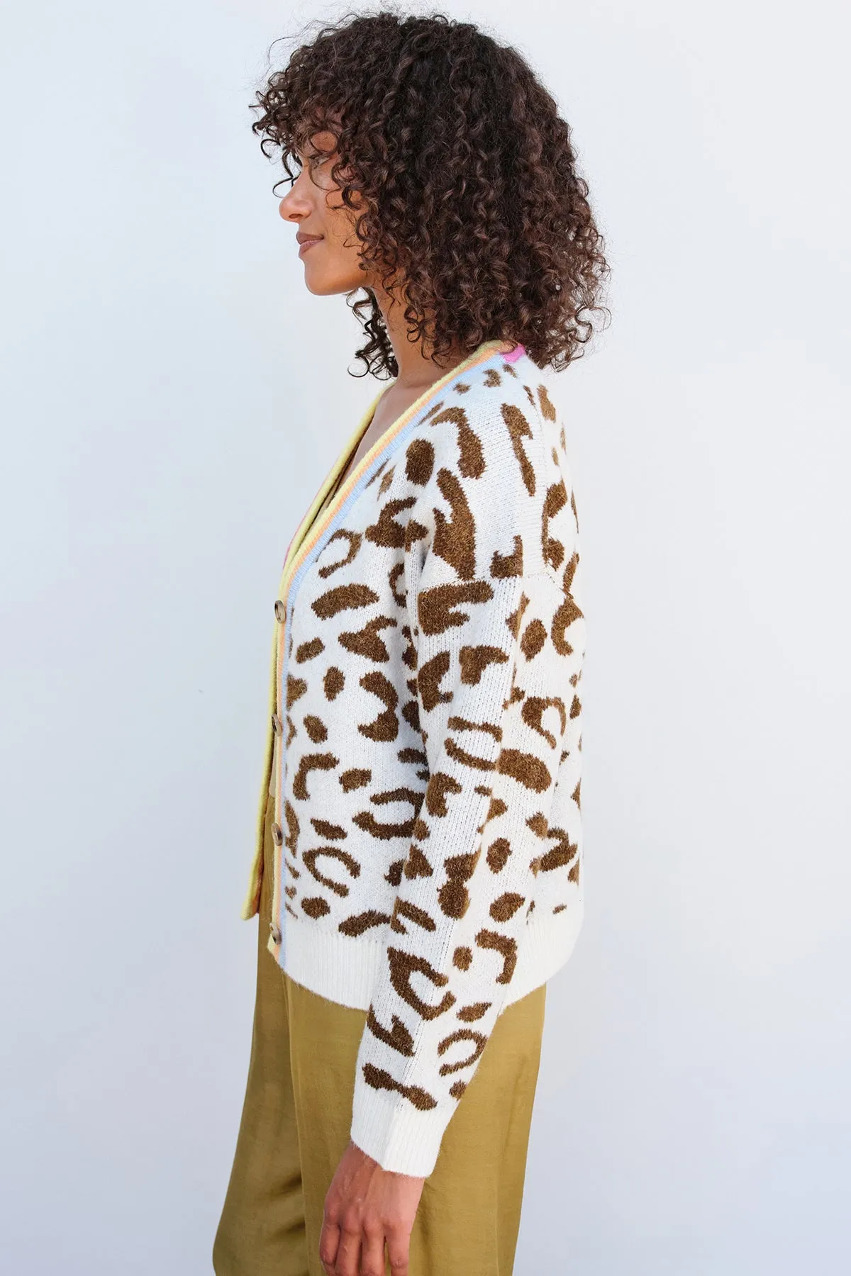 Sundry Leopard Boxy Cardigan in Cream/Sorbet Leopard