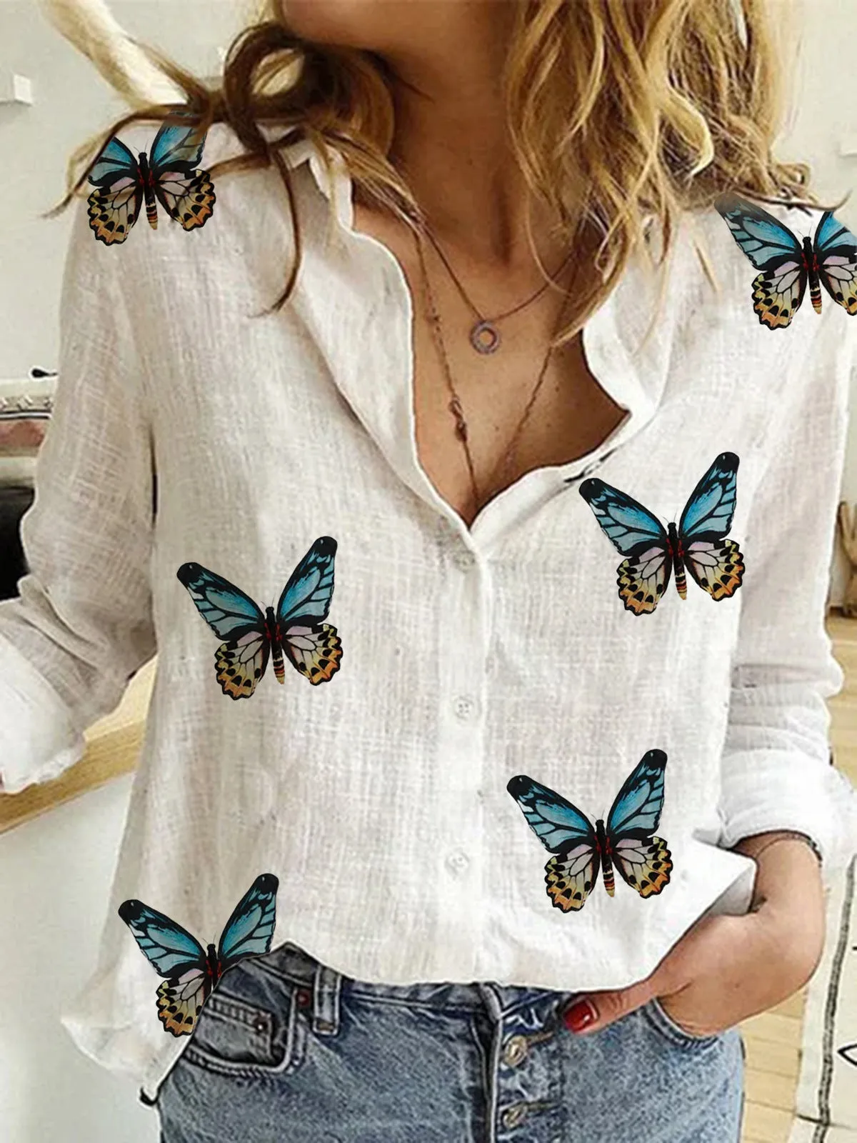 Temperament ladies irregular butterfly print shirt